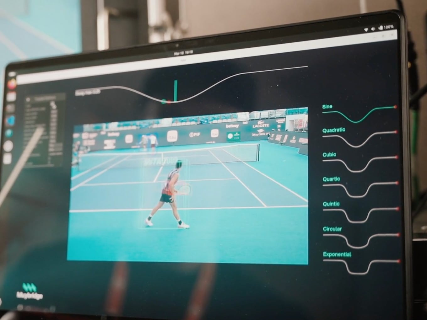 A laptop running the Muybridge editor: a tennis court view with a camera path curve above it and a column of easing functions, Sine through Exponential, on the right